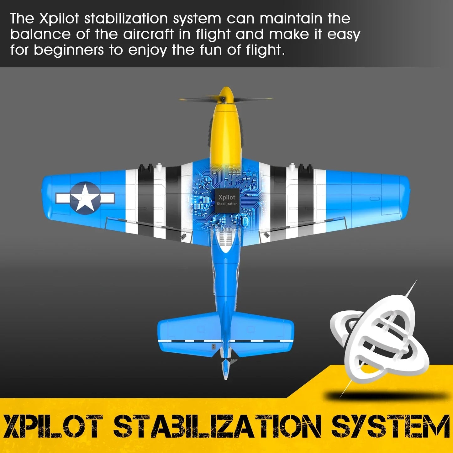 Volantex RC Mini Mustang P-51D V2 with XPilot stabilization system, 400mm wingspan, beginner-friendly RC airplane.