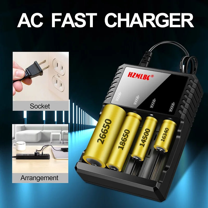 4 Slot 18650 Fast Battery Charger for 3.7V Lithium-Ion NiMH Rechargeable Batteries