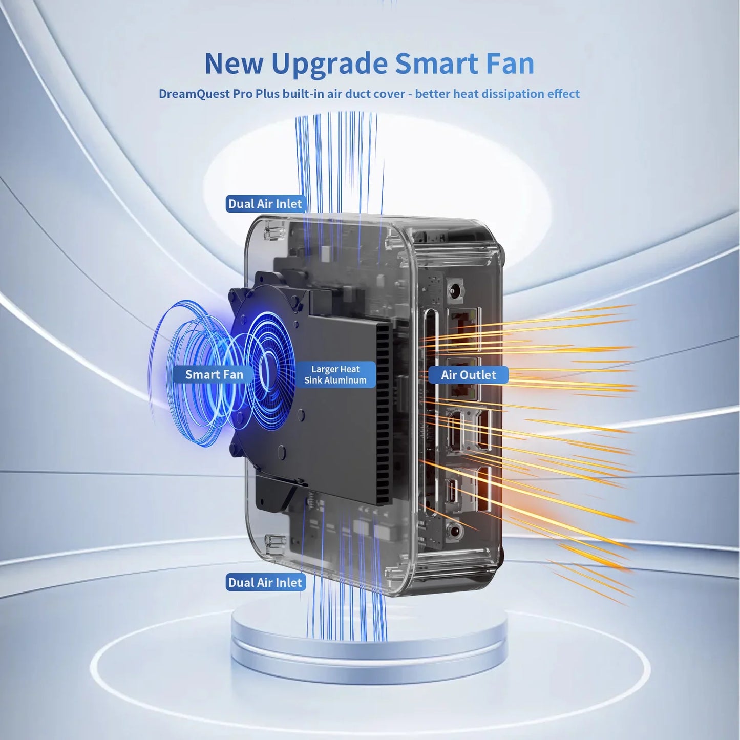 DreamQuest Mini PC Windows 11 Intel N100 with smart fan design for efficient heat dissipation.