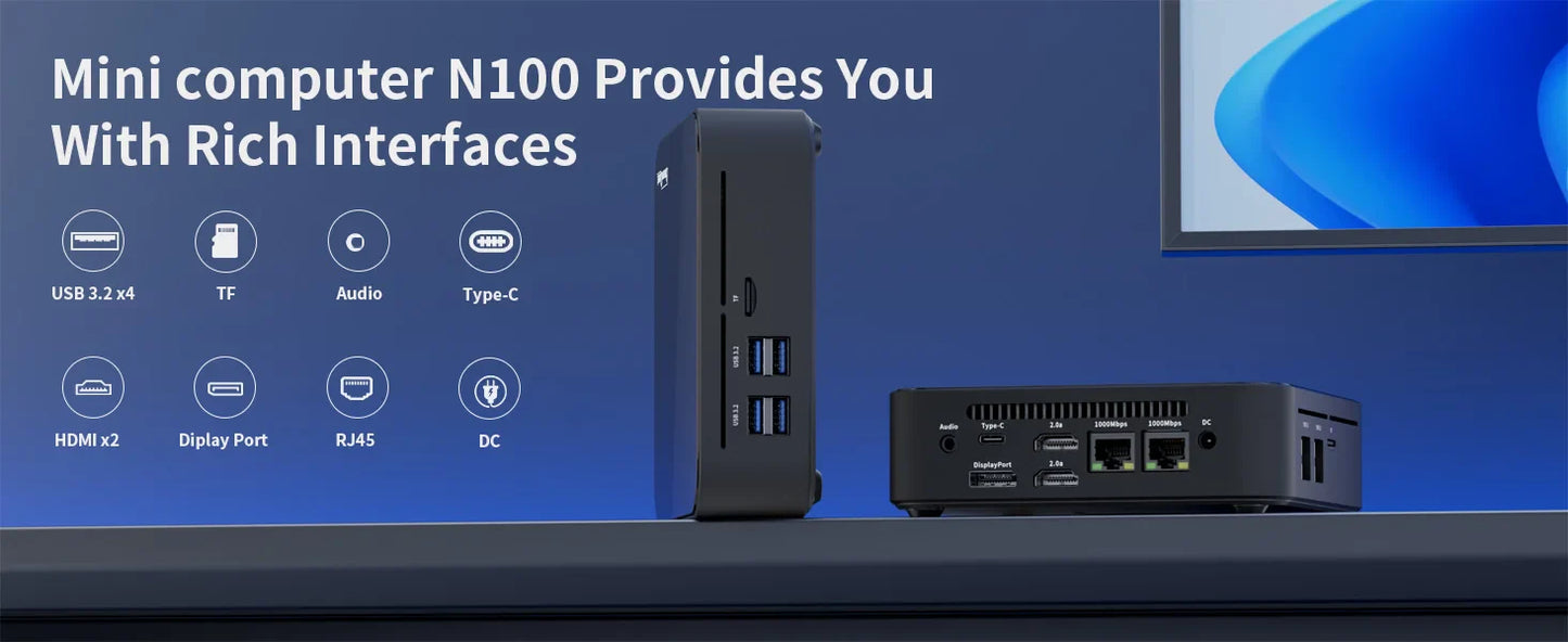 DreamQuest Mini PC Windows 11 with Intel N100, 16GB RAM, and 512GB SSD displaying various connectivity ports.