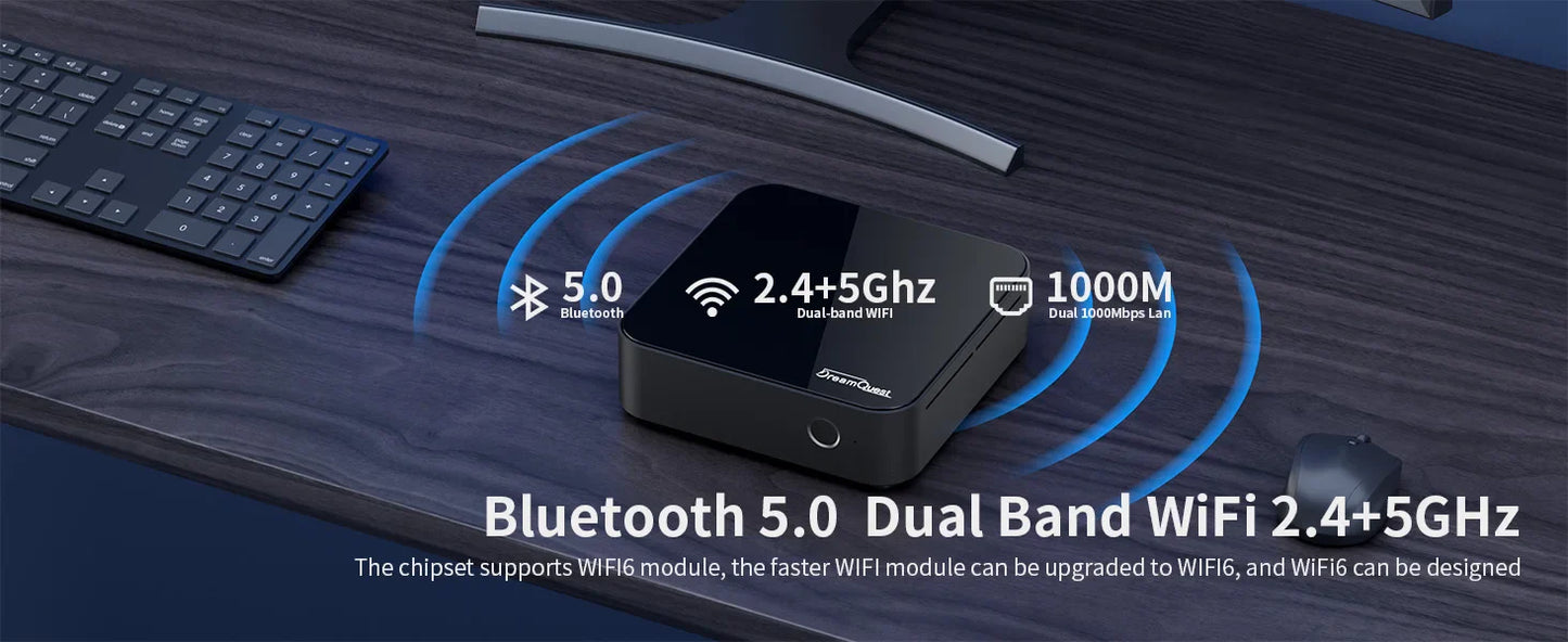 DreamQuest Mini PC with Bluetooth 5.0 and Dual Band WiFi 2.4+5GHz on wooden desk.