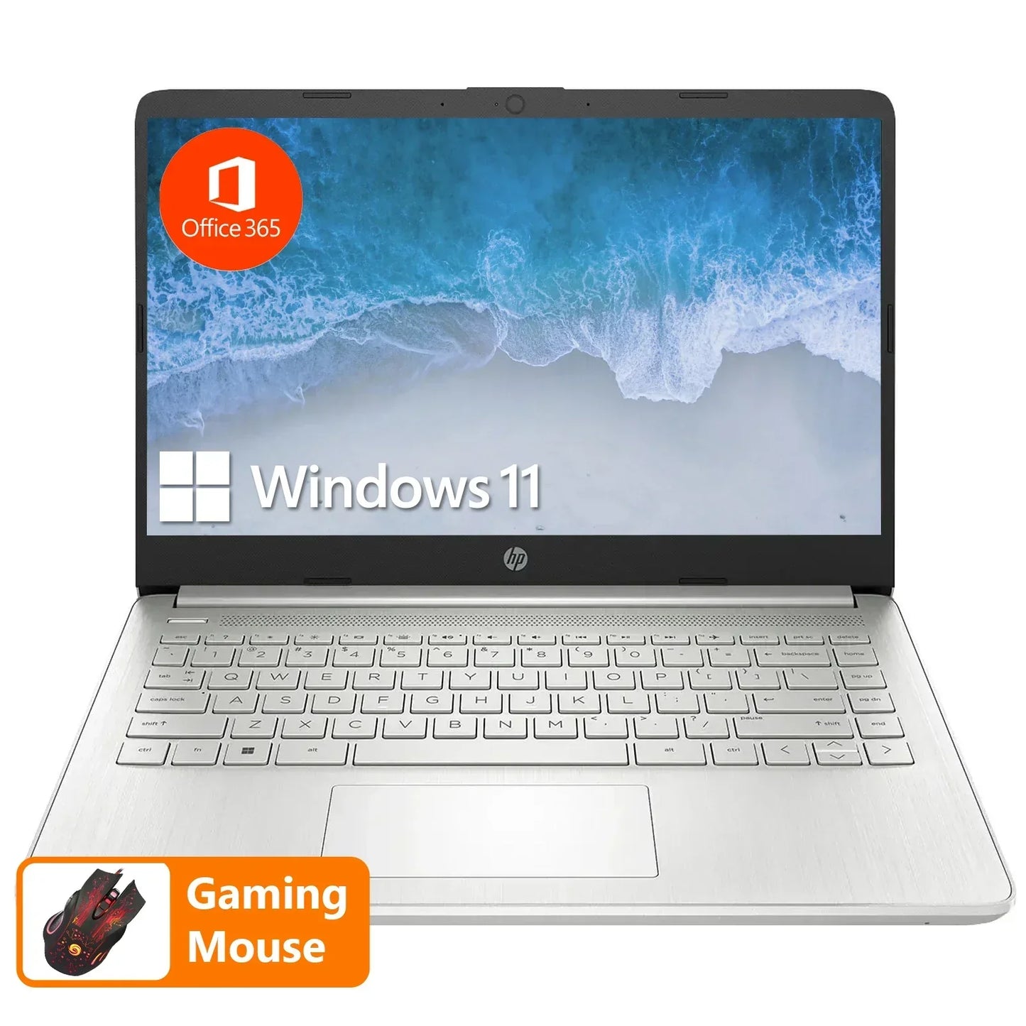HP 14 Inch Business Laptop with Intel Celeron N4120, 16GB RAM, 384GB Storage, Windows 11, Office 365, and gaming mouse displayed.
