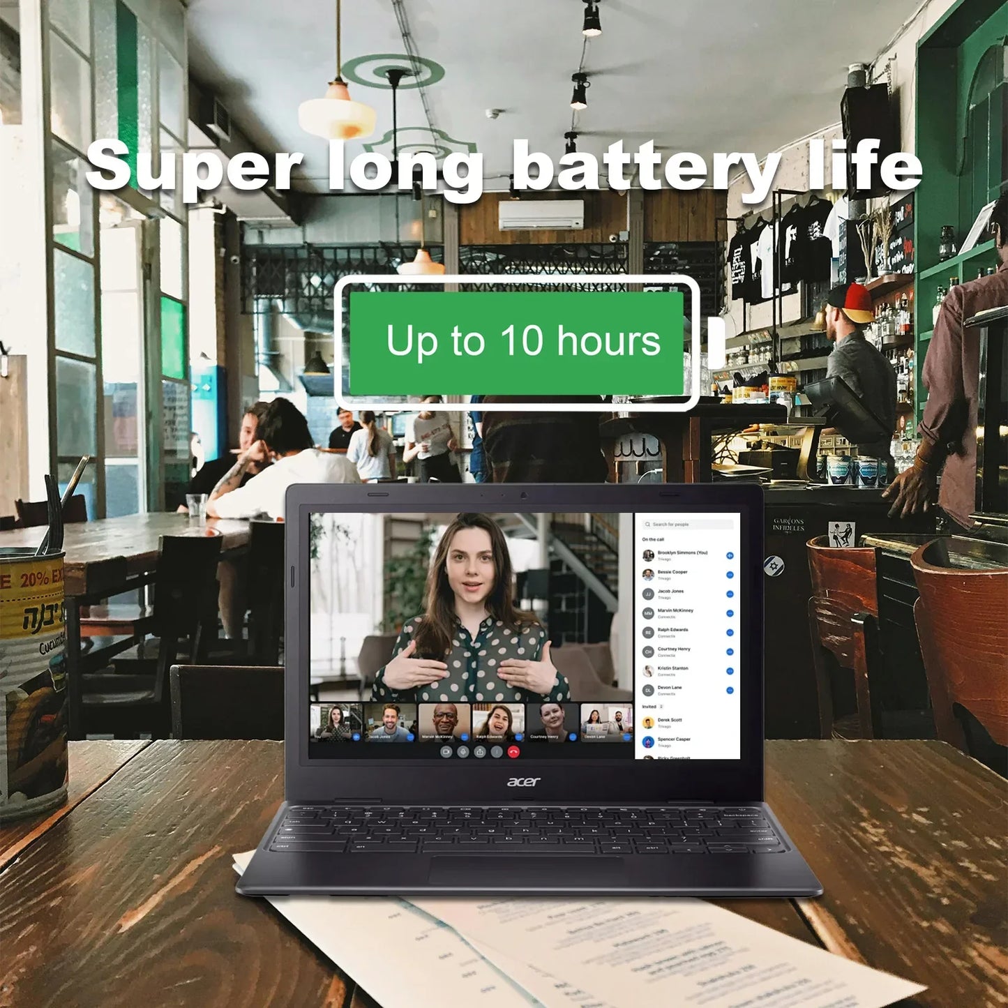 Acer 311 Chromebook with video call on screen, showcasing long battery life up to 10 hours in a cafe setting.