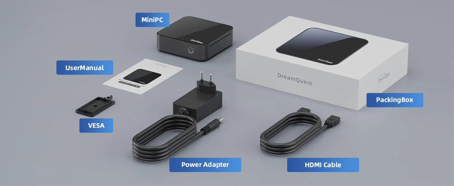 DreamQuest Mini PC with accessories including user manual, power adapter, HDMI cable, and VESA mount.