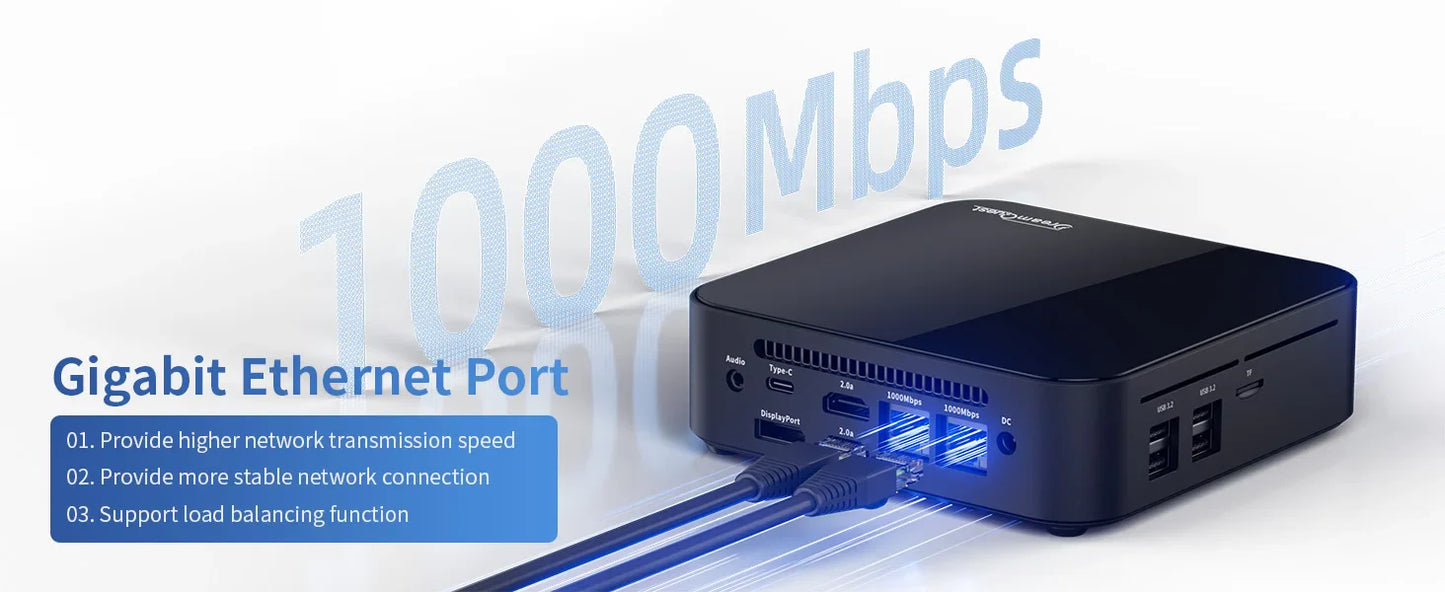 DreamQuest Mini PC with Gigabit Ethernet port for high-speed network connectivity.