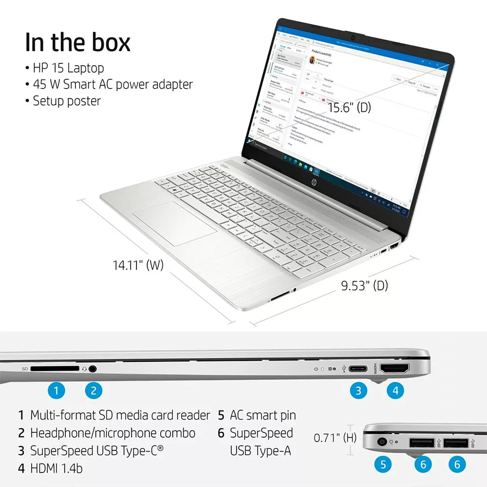 HP 15.6 Inch FHD Laptop with Intel i5, 16GB RAM, 1TB SSD, Iris Xe Graphics, Windows 11, and USB ports displayed.