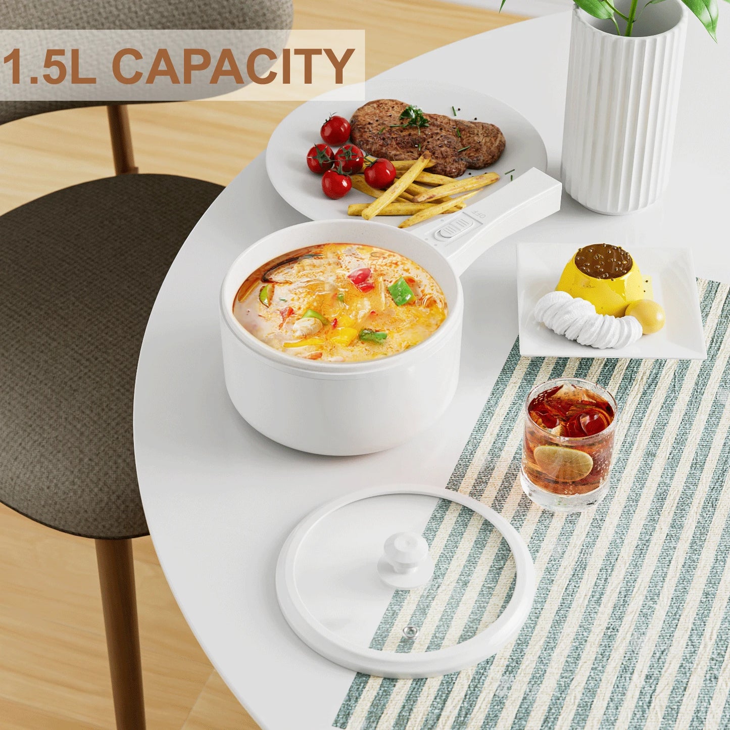 Electric Hot Pot/Steamer Non-Stick Fryer Pan 1.5L Rapid Noodles Soup Pot with Power Adjustment