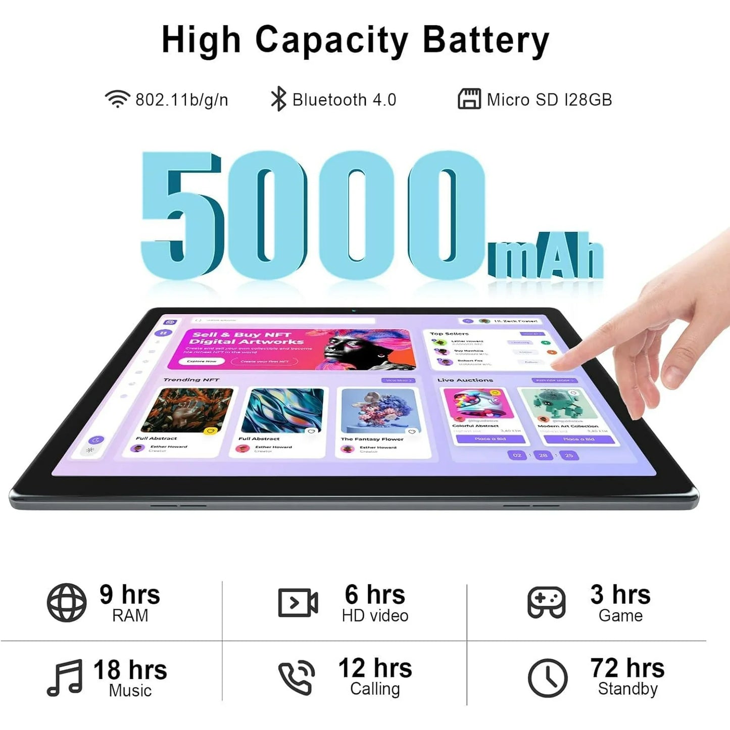 BESTSKI 10.1 Inch Tablet 6GB RAM 64GB ROM 128GB Expandable 5000mAh Dual Camera (Silver)