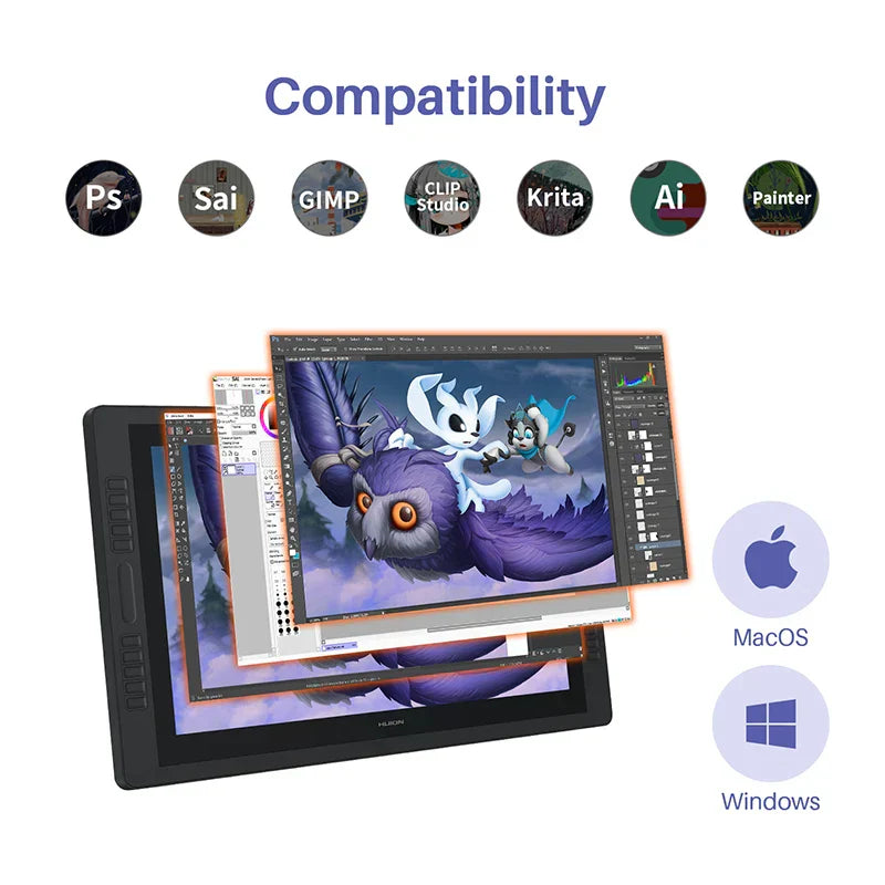 Huion Kamvas Pro 24 Graphic Tablet Monitor with compatibility icons for design software on Mac and Windows platforms.