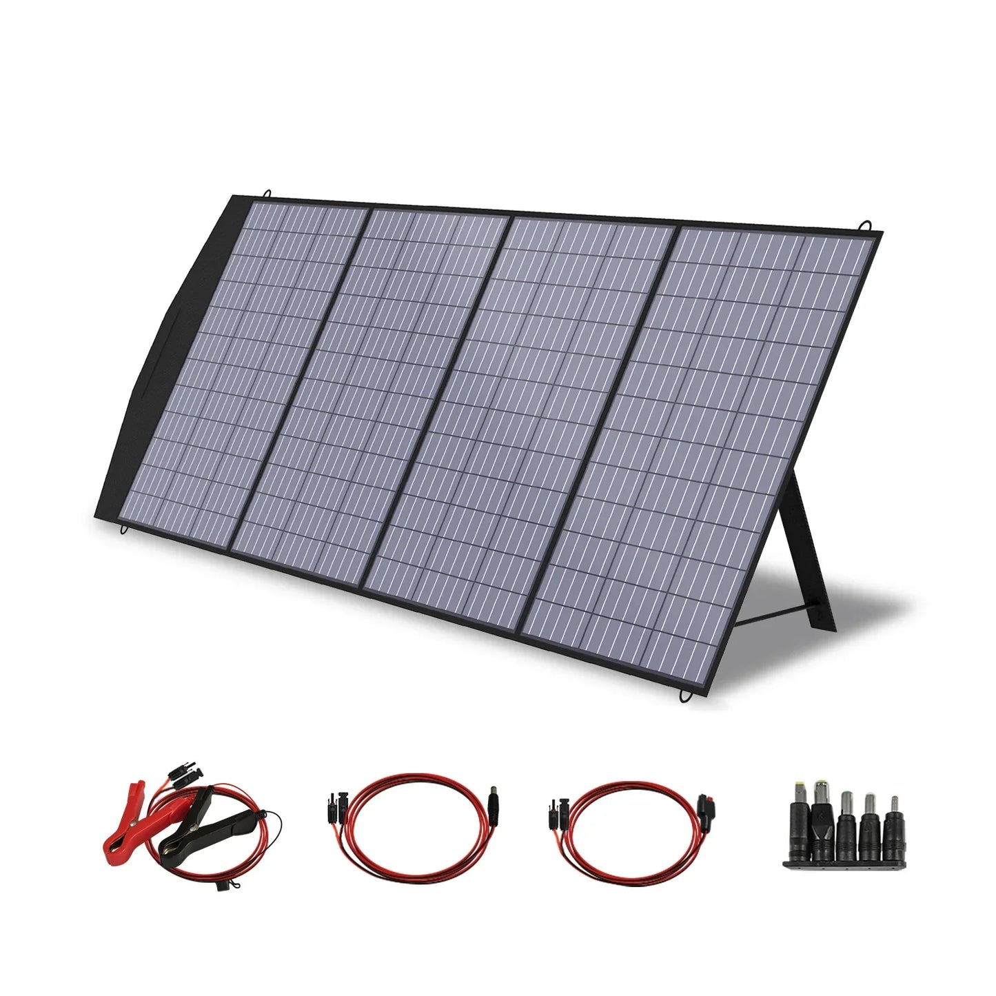 ALLPOWERS Foldable Solar Panel Charger with accessories, 4-panel setup.
