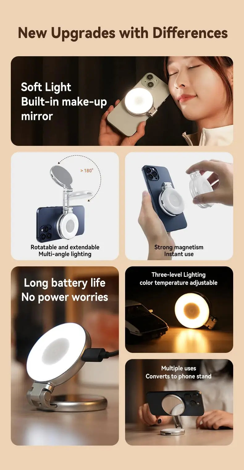 TELESIN 3-in-1 Magnetic Selfie Light with 360° LED Ring MagSafe Mirror and Phone Stand