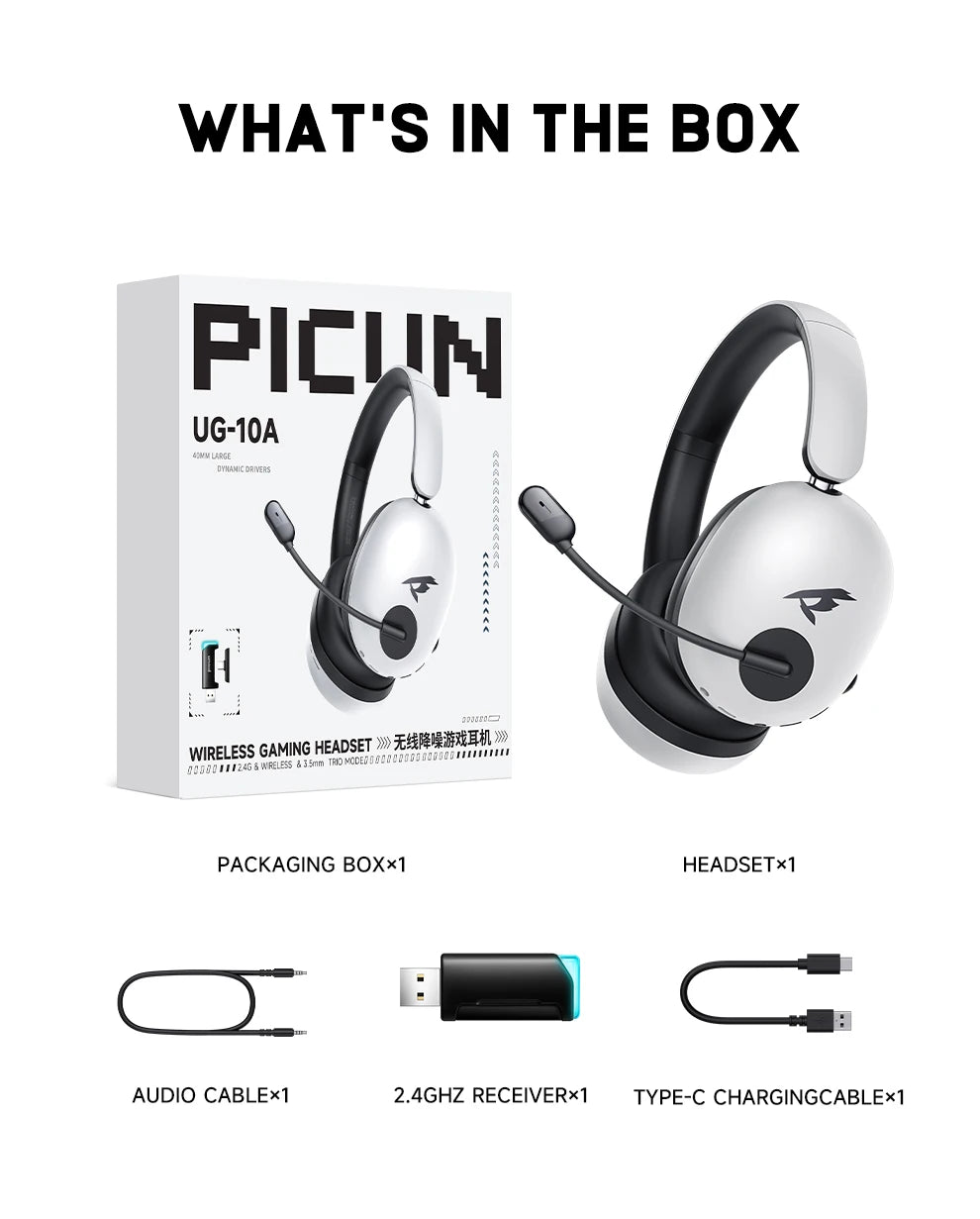 Picun UG-10A Wireless Gaming Headset 2.4G Bluetooth 6.0 Wired 56dB Mic 40mm Drivers Over Ear