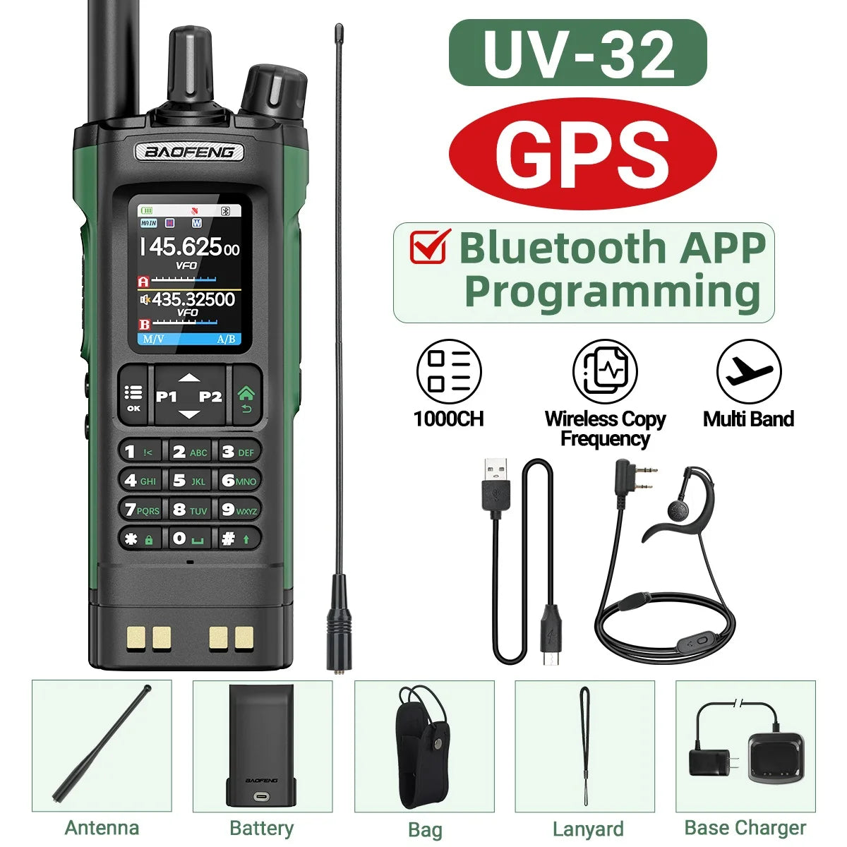 Baofeng UV-32 10W GPS Walkie Talkie Multi Band Bluetooth Type-C Long Range