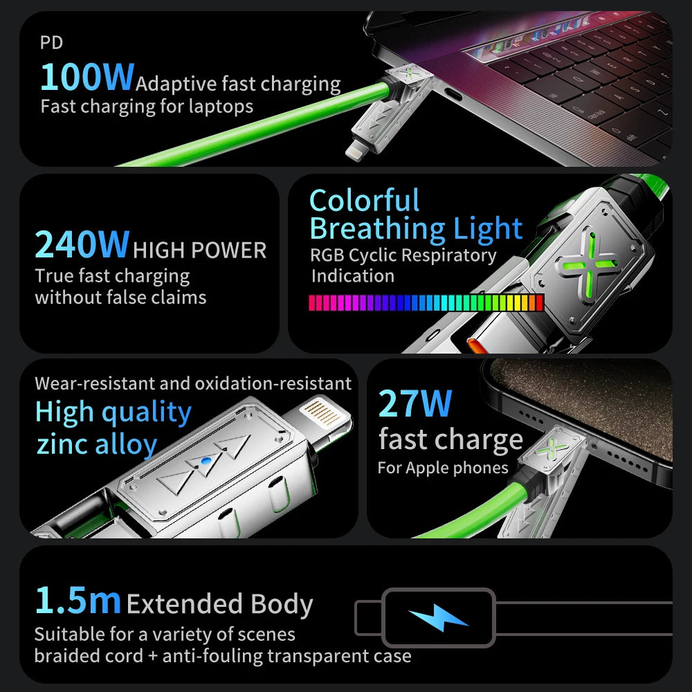 240W 4 in 1 Super Fast Charging Cable USB C to Type C Zinc Alloy for iPhone Samsung Xiaomi Multi Port Charger