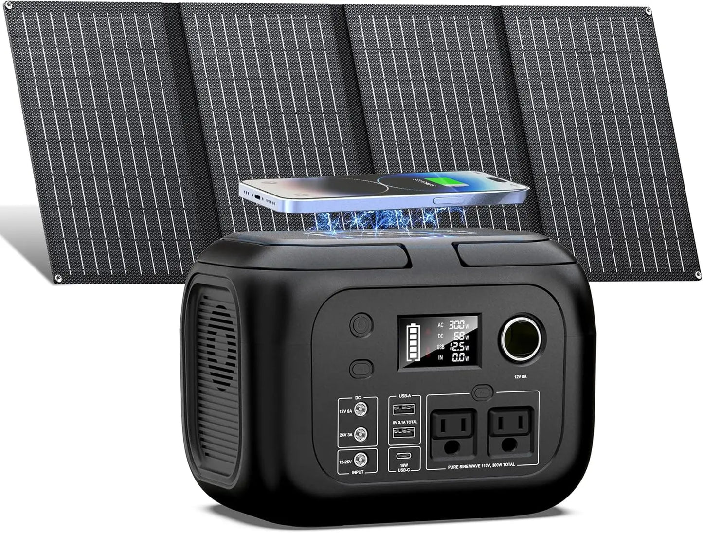 300W Portable Power Station with 260Wh Capacity and 40W Solar Panels AC Outlet 110V for Camping Travel RV