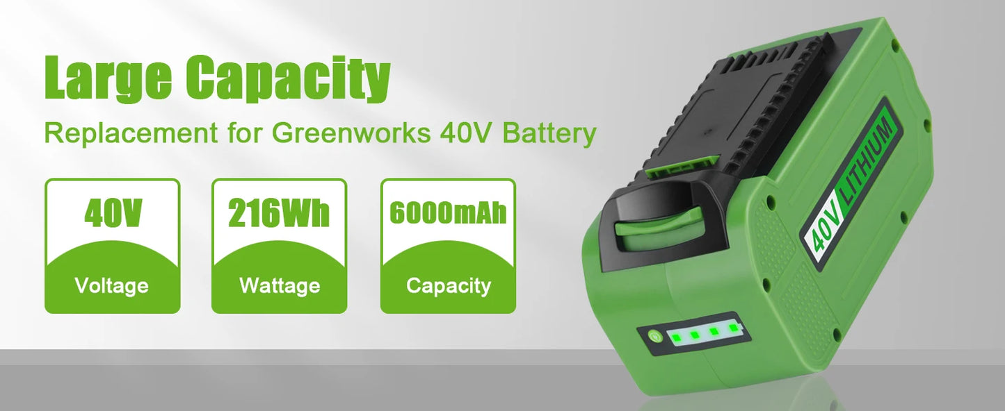 6.0Ah Greenworks 40V G-MAX Battery for 29472 29462 29252 20202 22262 Cordless Power Tools