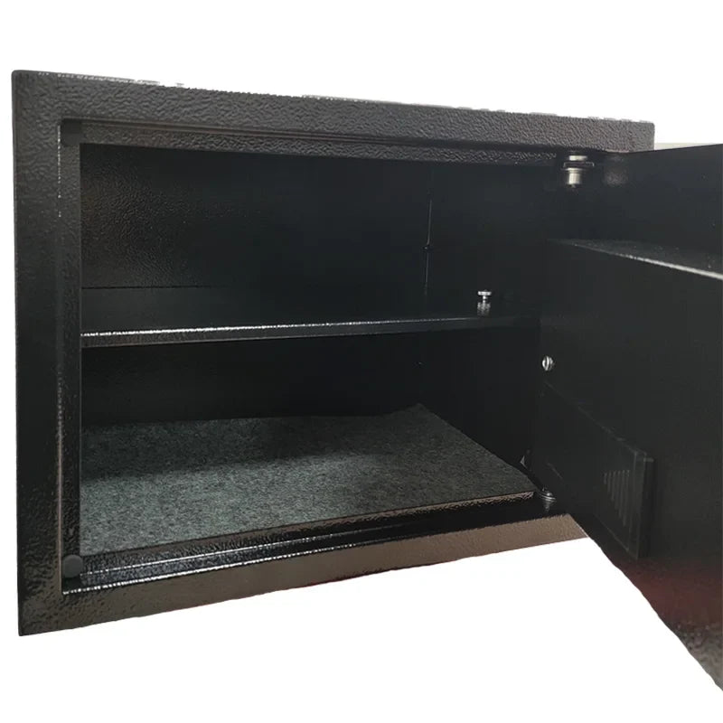 Black electronic fingerprint and password secure file cabinet safe open, showcasing interior storage space.