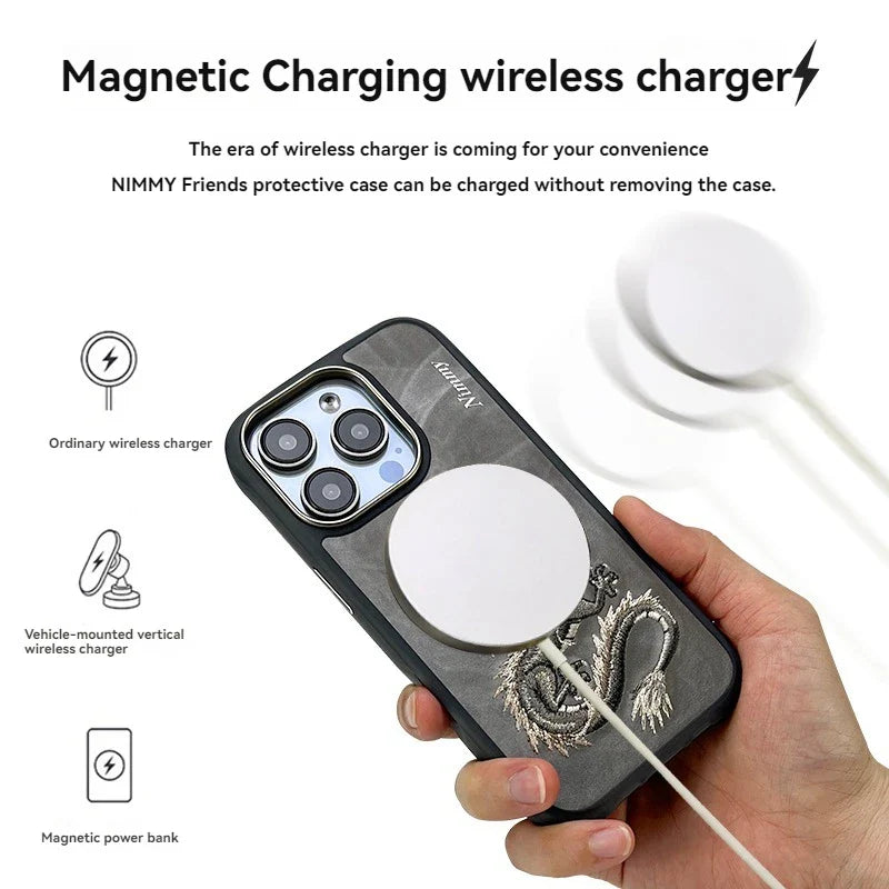 Dragon Phoenix 3D Embroidery iPhone 16 Pro Max Case with MagSafe charging.