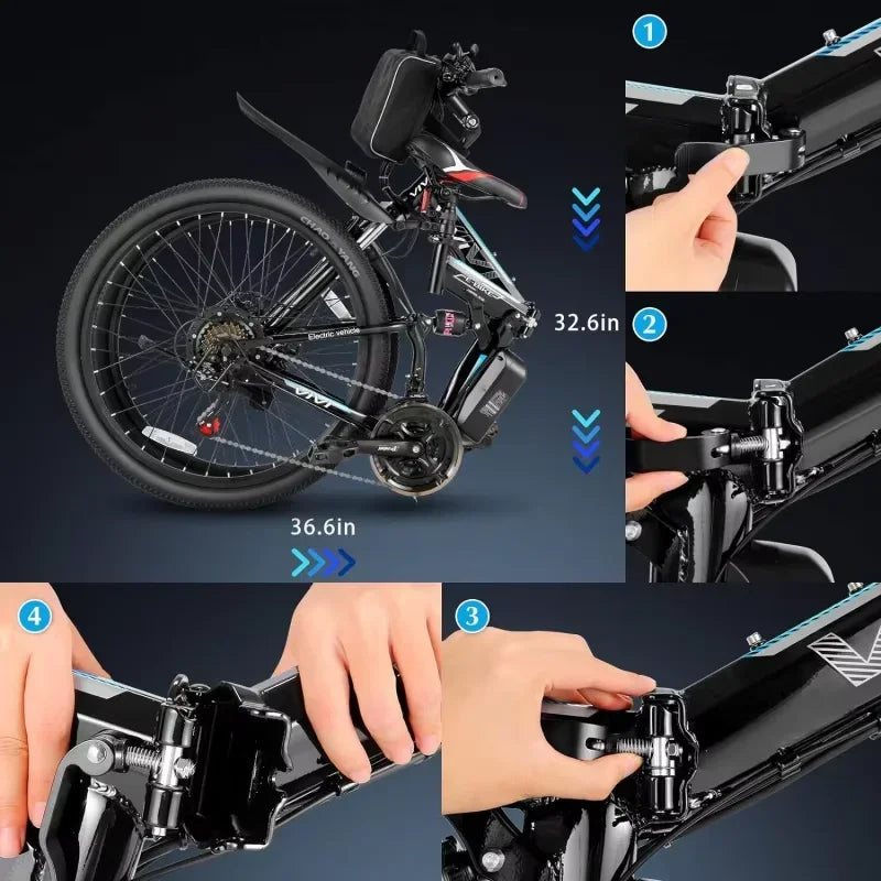 QVivi 750W folding electric mountain bike showcasing foldable mechanism and design.