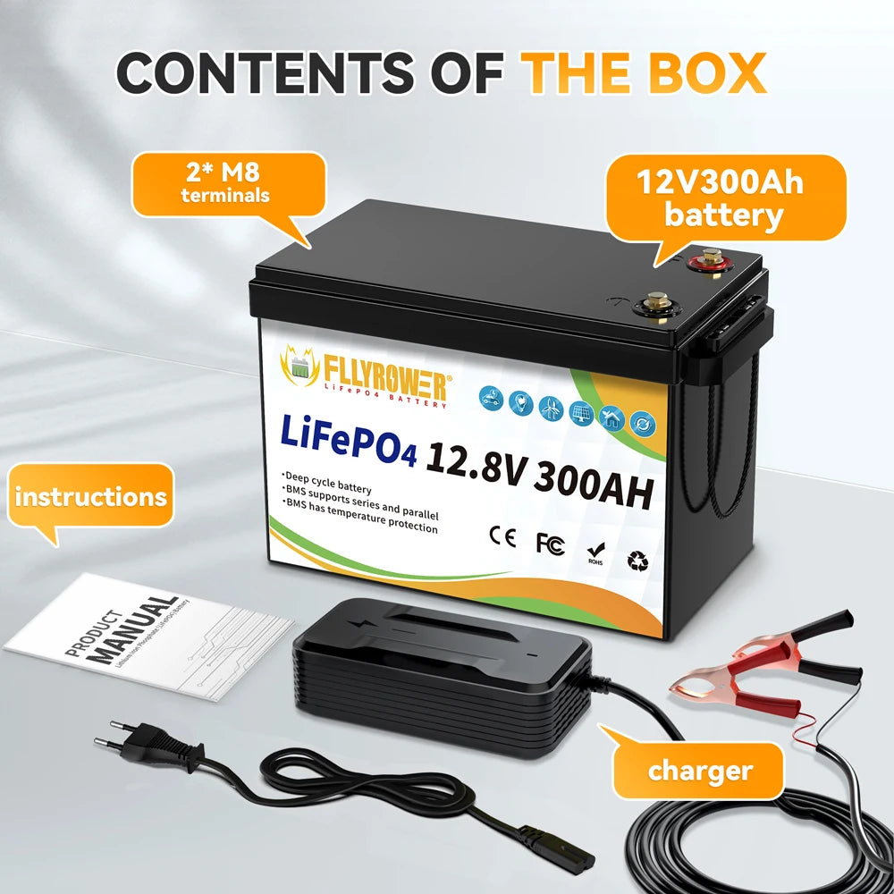 12V 300Ah LiFePO4 Battery Packs With BMS Lithium Iron Phosphate Rechargeable Batteries RV Boat Motor Solar Battery 8000+ Cycles