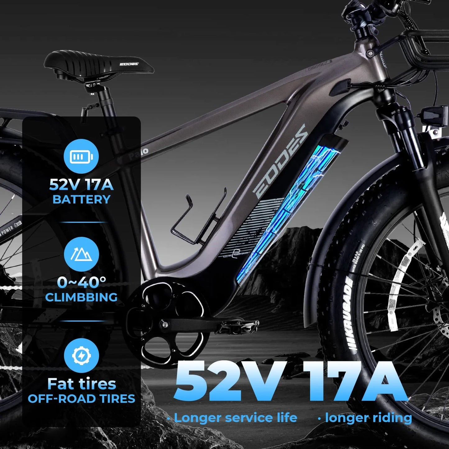 26 Inch Fat Tire Off-Road Electric Bike with 750W Motor and 52V 17Ah Battery in Orange.