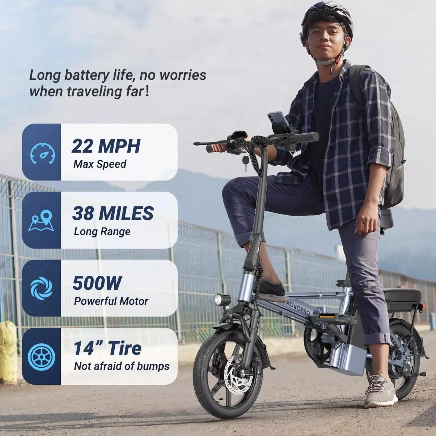 AOVOPRO 14inch EB60 Foldable Ebike 500W 48V 10.4AH Electric Bicycle 22MPH 28Miles Long Range with Two Seats for Adult