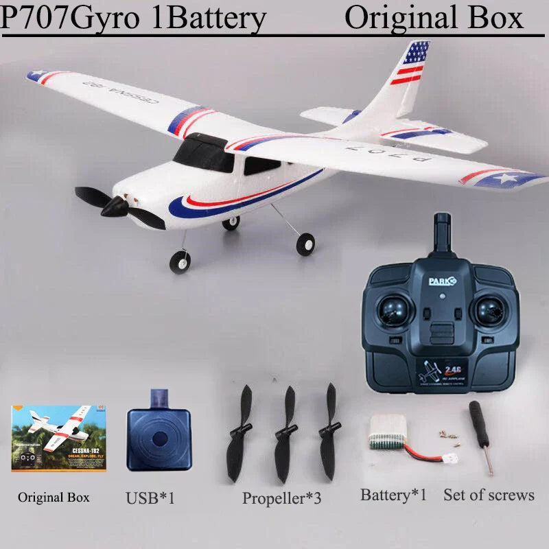 Park10 RC Airplane P707G with remote, propellers, battery, and USB in original box.