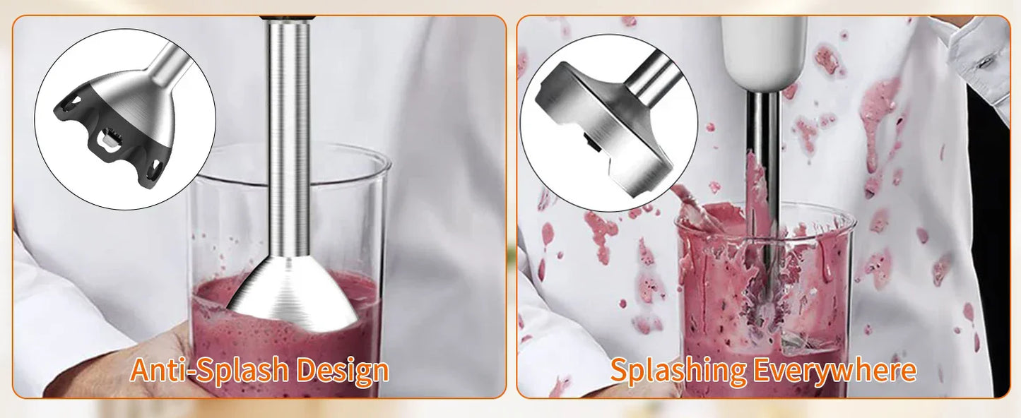 Anti-splash design of handheld immersion blender in action.