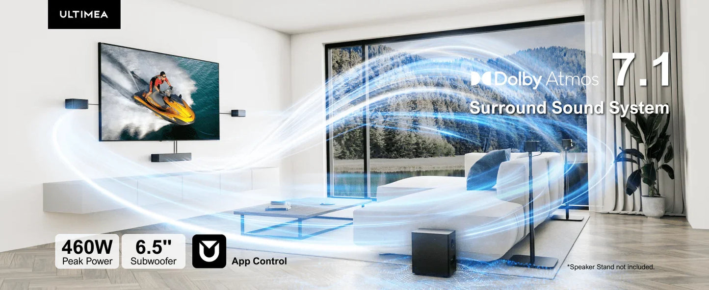 ULTIMEA 460W 7.1ch Soundbar with Dolby Atmos in modern living room setting.