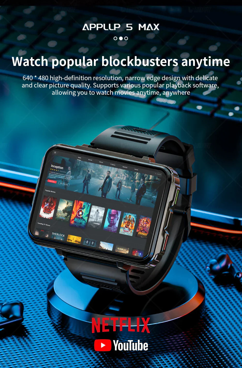 LOKMAT APPLLP 5 MAX Android smartwatch phone with 4G, dual camera, 2.4-inch TFT screen, running Android OS, featuring fitness and health trackers, voice assistant, and media playback for Netflix and YouTube.