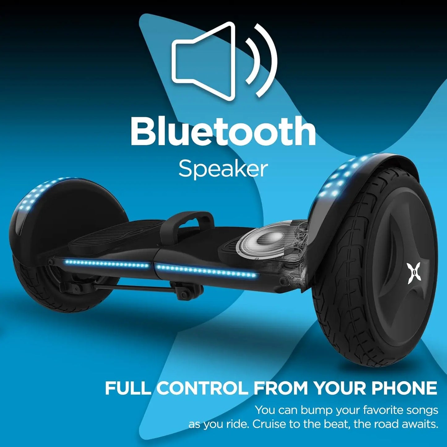 Hover-1 Rogue Hoverboard Black with Bluetooth speaker and LED lights, two wheels, steel frame, UL certified.