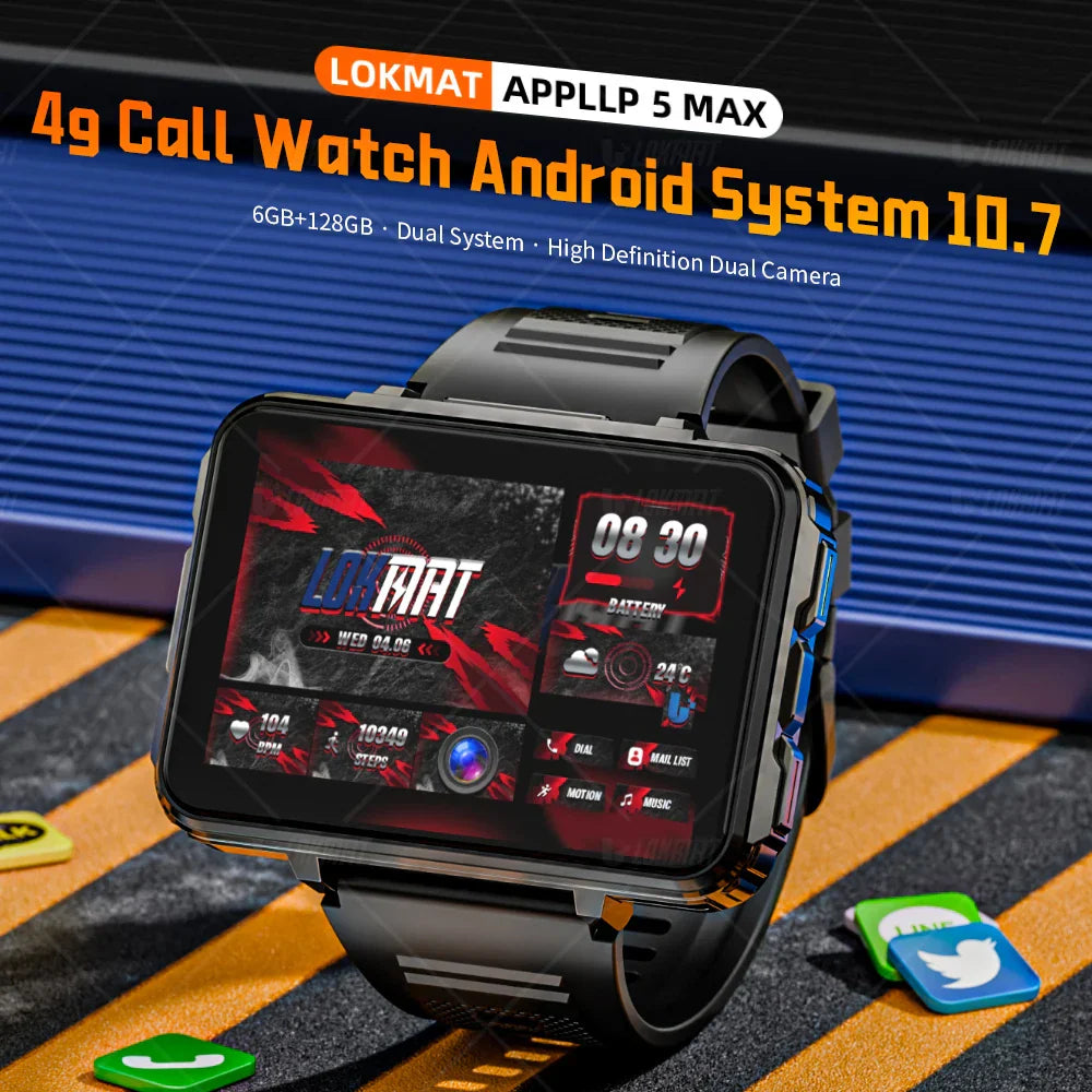 LOKMAT APPLLP 5 MAX Android smartwatch phone with 4G, dual camera, 2.4-inch square TFT display, fitness and health tracking features, and voice assistant.