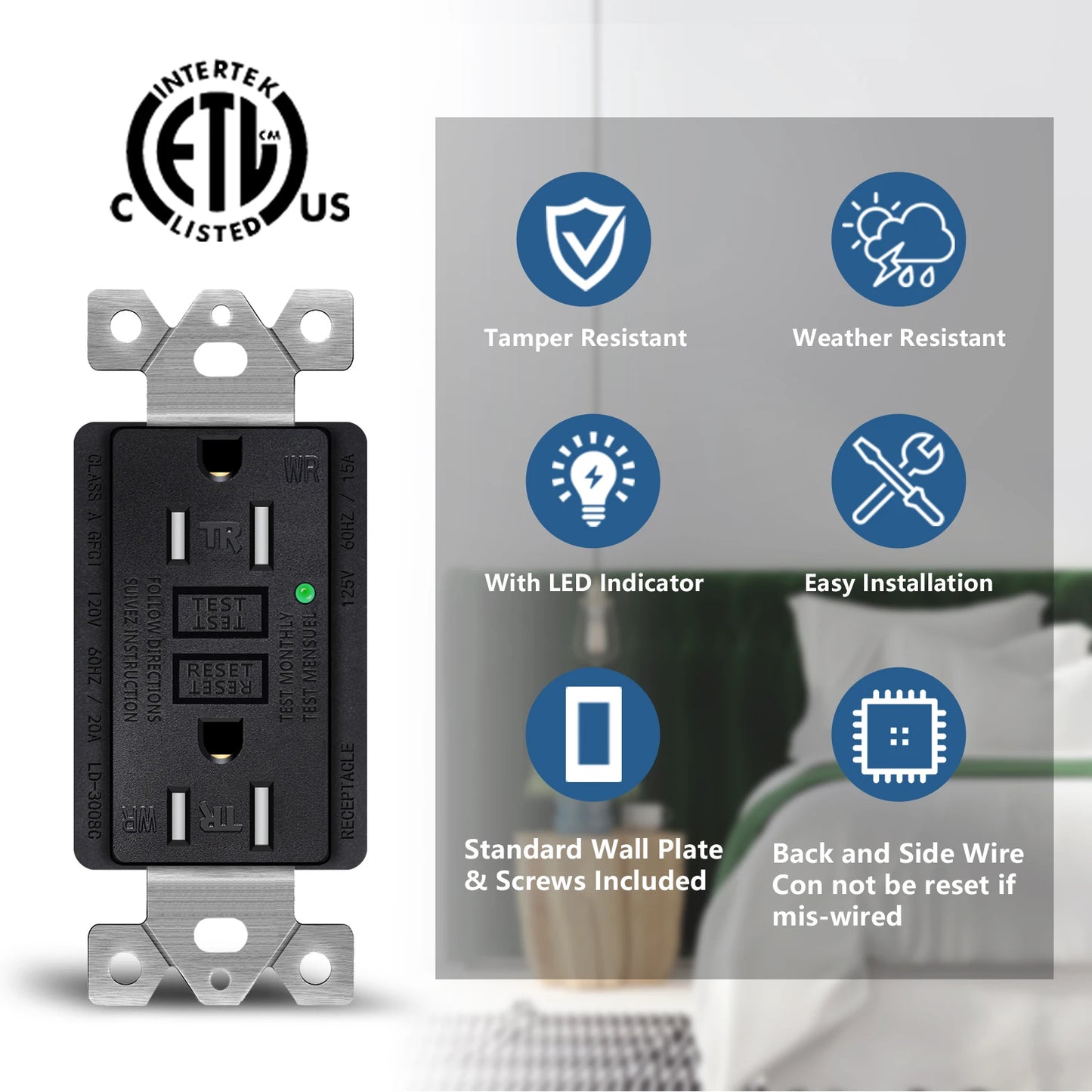 GFCI Outlet 15A 125V Black Tamper Resistant with LED