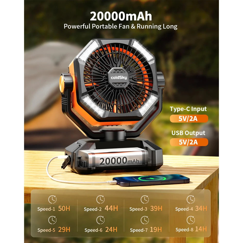 coldSky 20000mAh Battery Camping Fan with LED Lantern & 8 Speeds