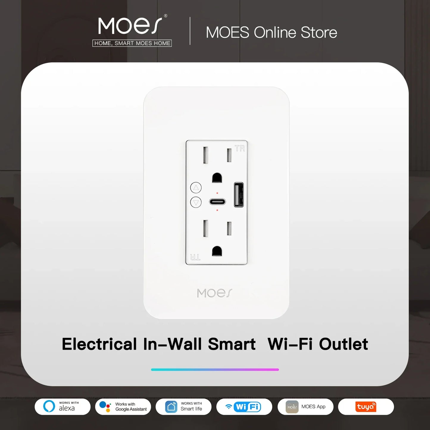 WiFi Smart Wall Socket with USB and Type C by MOES, featuring remote control and three or more slots, CE certified.