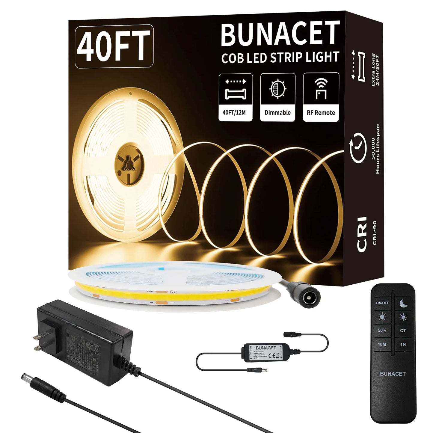 40FT COB LED Strip Light Warm White 3000K with RF Remote