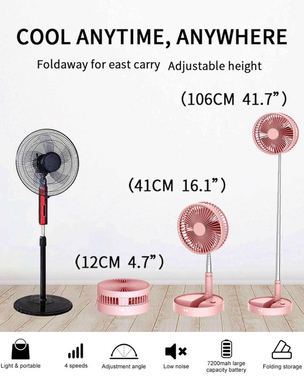 Foldable Desk and Table Fan Portable Battery Operated Adjustable Height with Remote