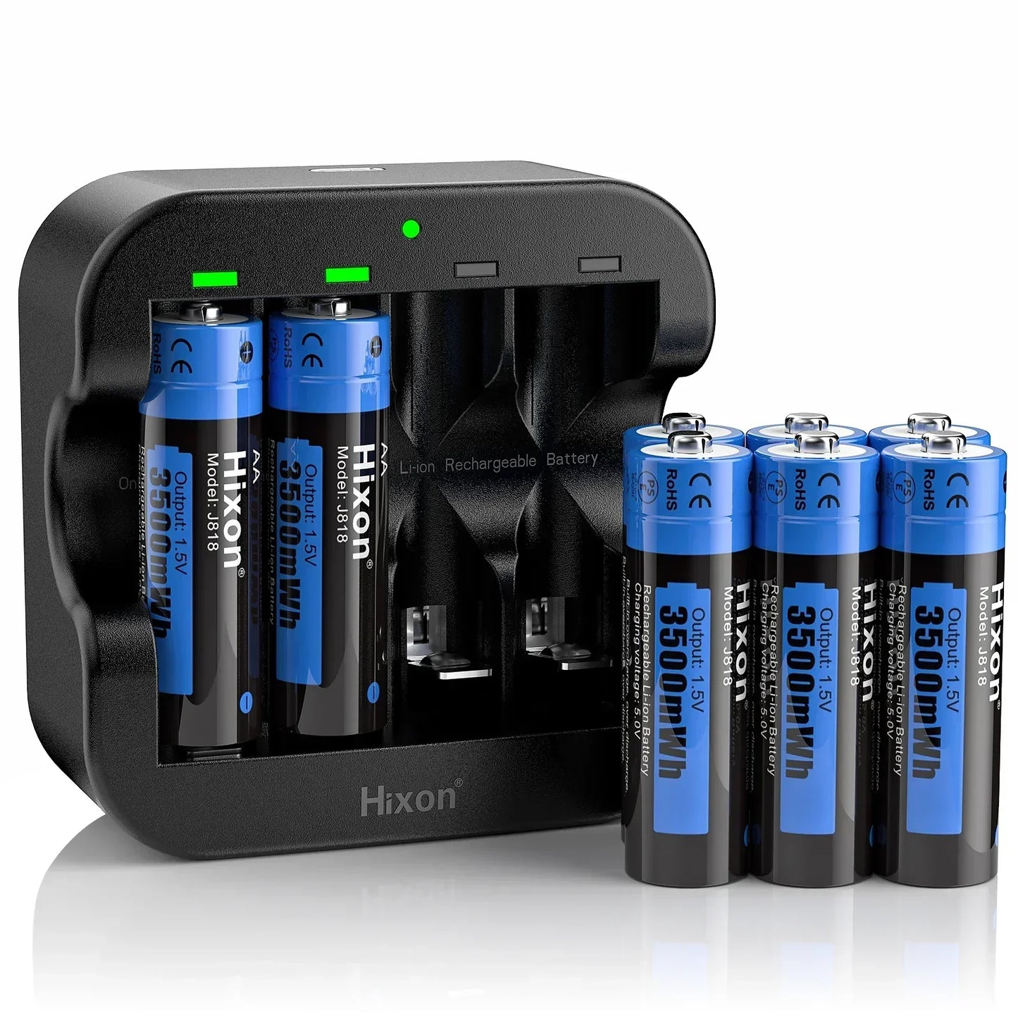 Hixon AA 1.5V Li-ion rechargeable battery pack with charger, 3500mWh capacity.