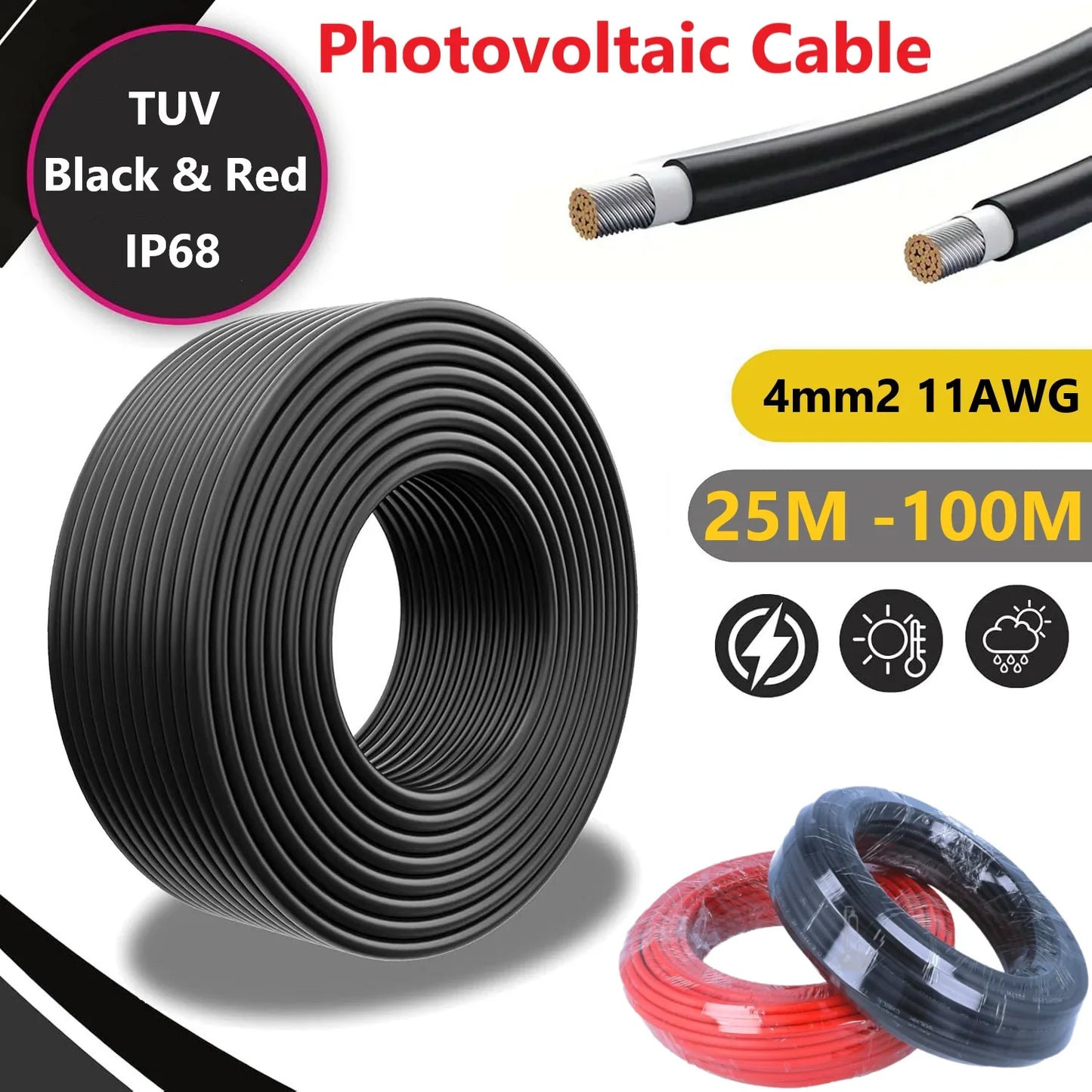 PowMr 4mm² 25m solar PV cable black and red 11AWG TUV certified IP68 waterproof photovoltaic wire for solar panel system extension