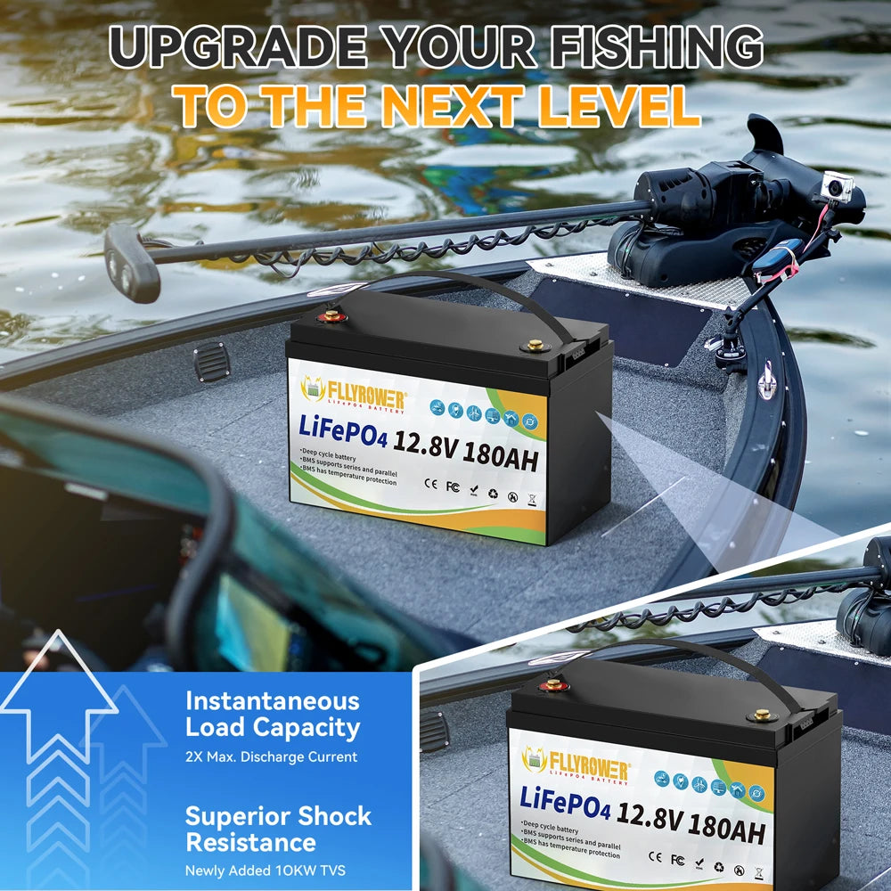 12V 180Ah LiFePO4 Battery Pack with Charger Lithium Iron Phosphate Battery for Campers Solar Wind and Off-Road Use