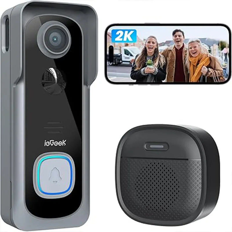 ieGeek 2K Wireless Doorbell Camera Smart WiFi Doorbell with Chime AI PIR Motion Detection