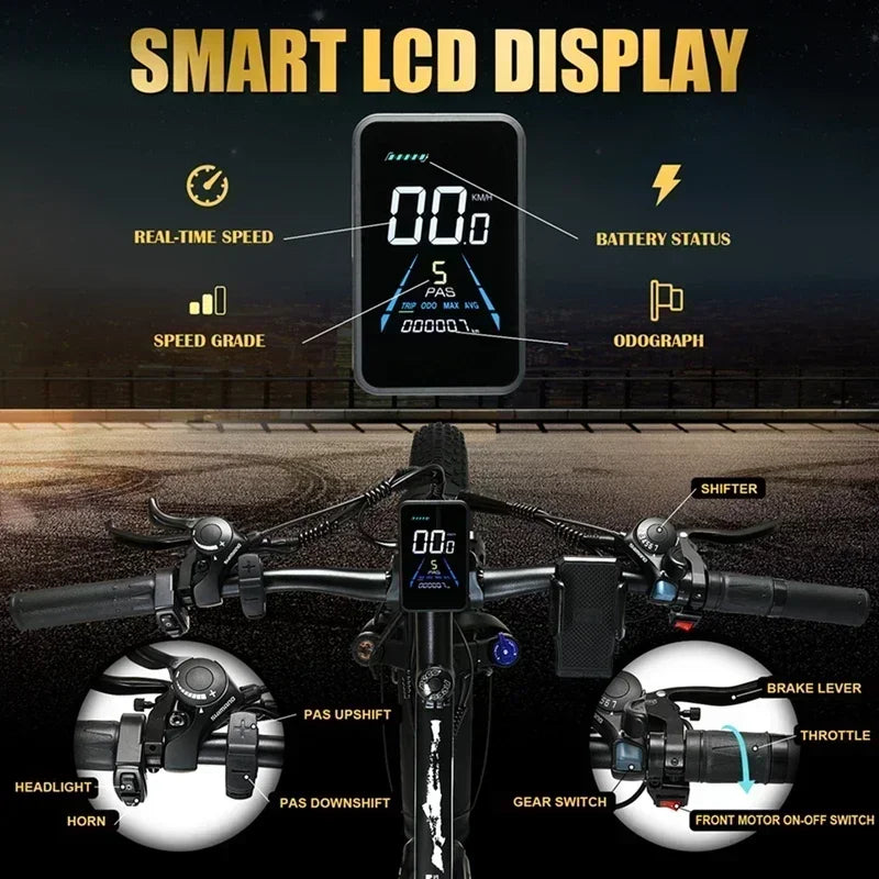 KETELES K800 electric mountain bicycle with LCD display, showcasing controls and features for 2000W motor and 26-inch fat tires.