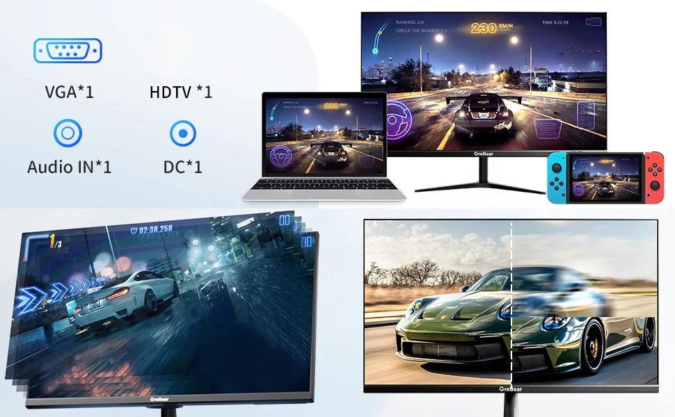 GreBear 27 Inch Computer Monitor connected to laptop and gaming console, displaying vibrant car racing graphics.