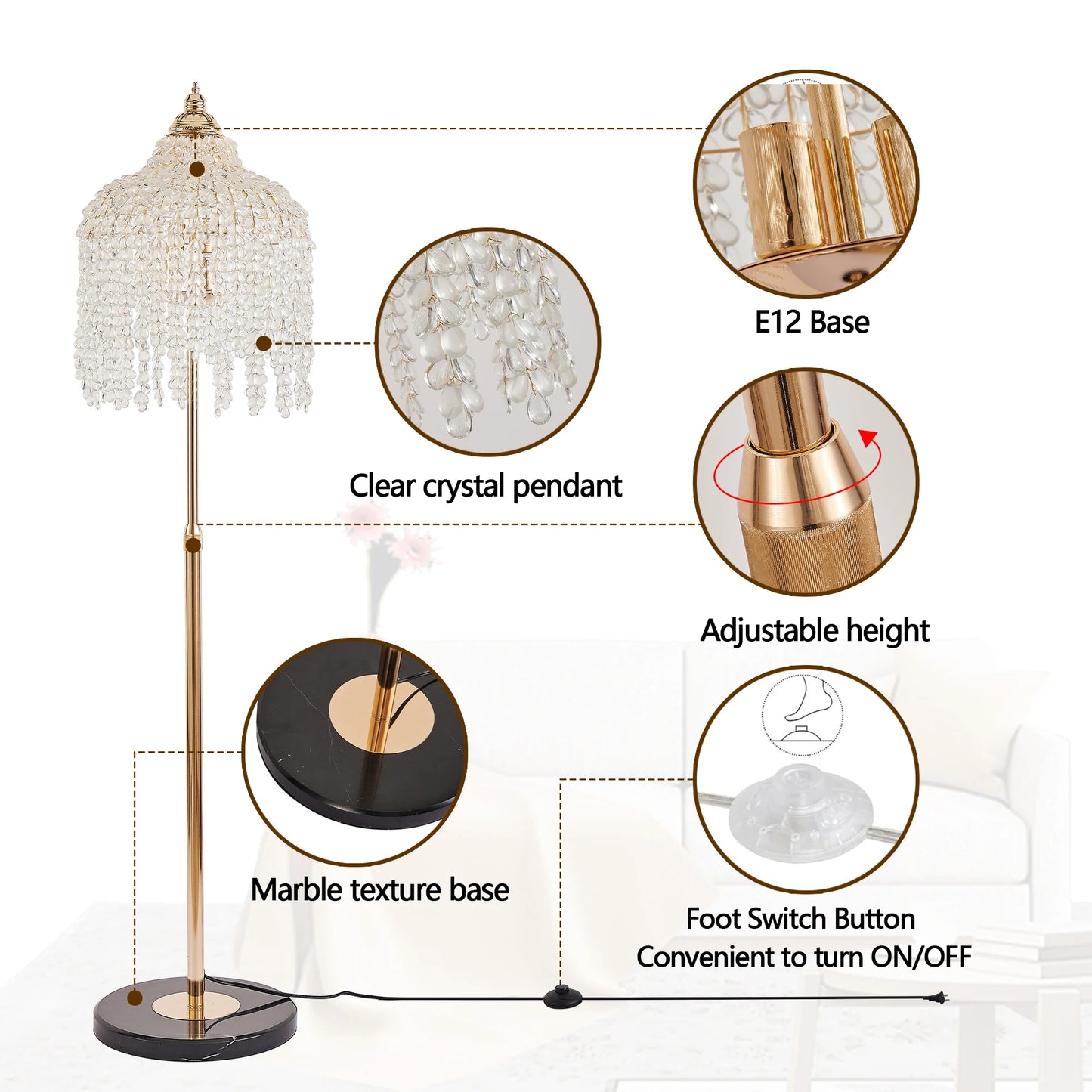 Gold Crystal Floor Lamp with Marble Base 63 Inch