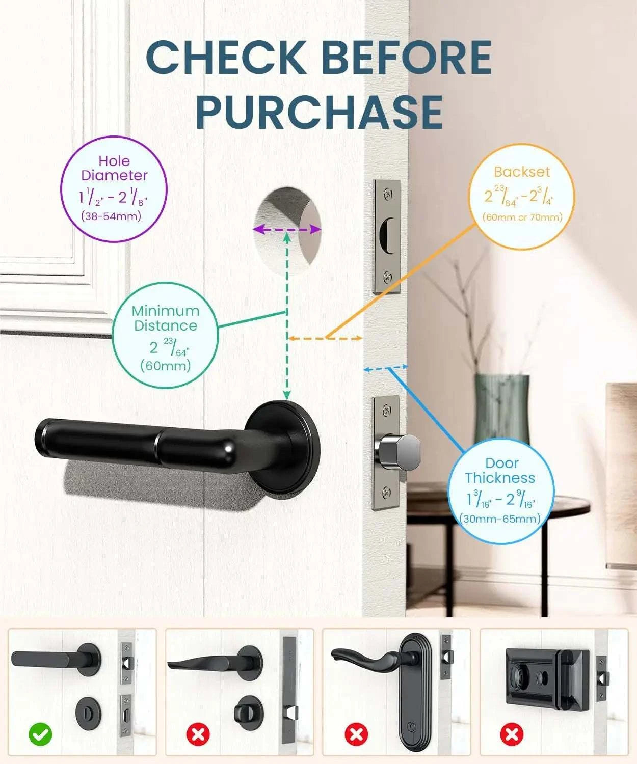 Fingerprint smart door lock installation guide with measurements and compatibility.