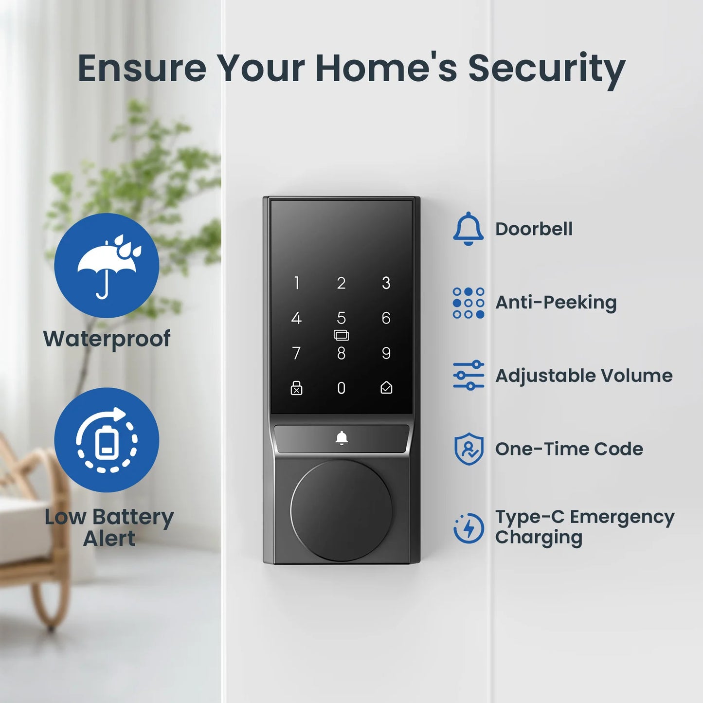 Smart Keyless Door Lock with Doorbell Bluetooth App Control and Auto Lock for Front Door