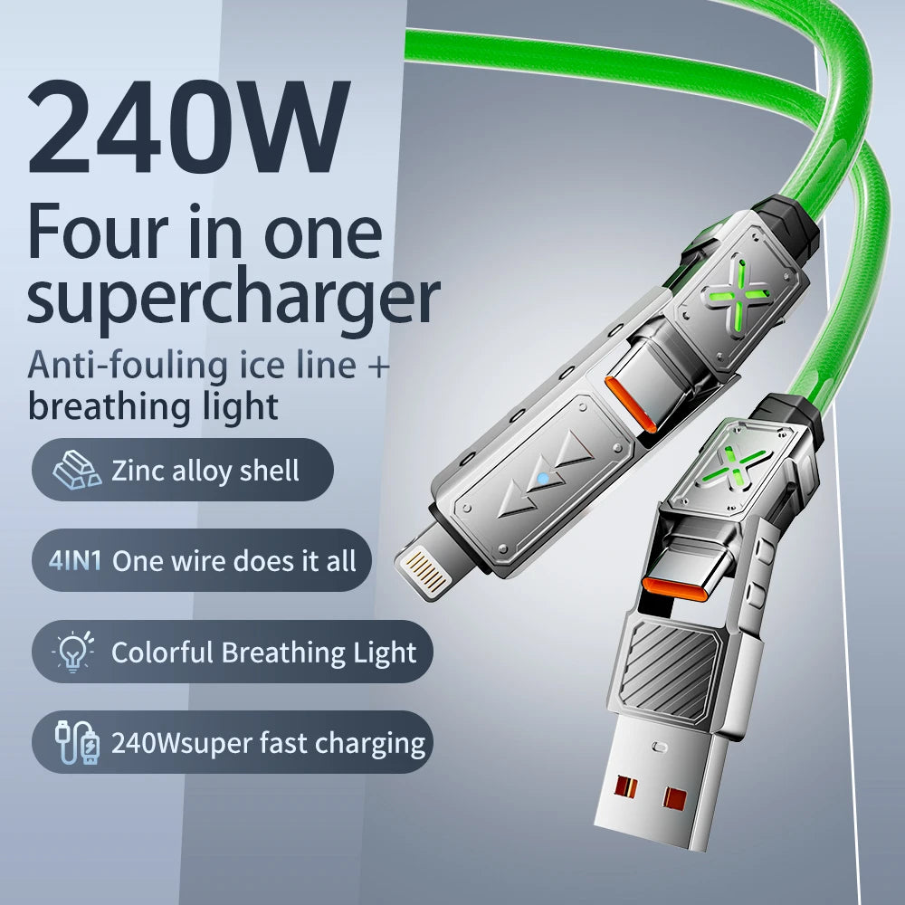 240W 4 in 1 Super Fast Charging Cable USB C to Type C Zinc Alloy for iPhone Samsung Xiaomi Multi Port Charger