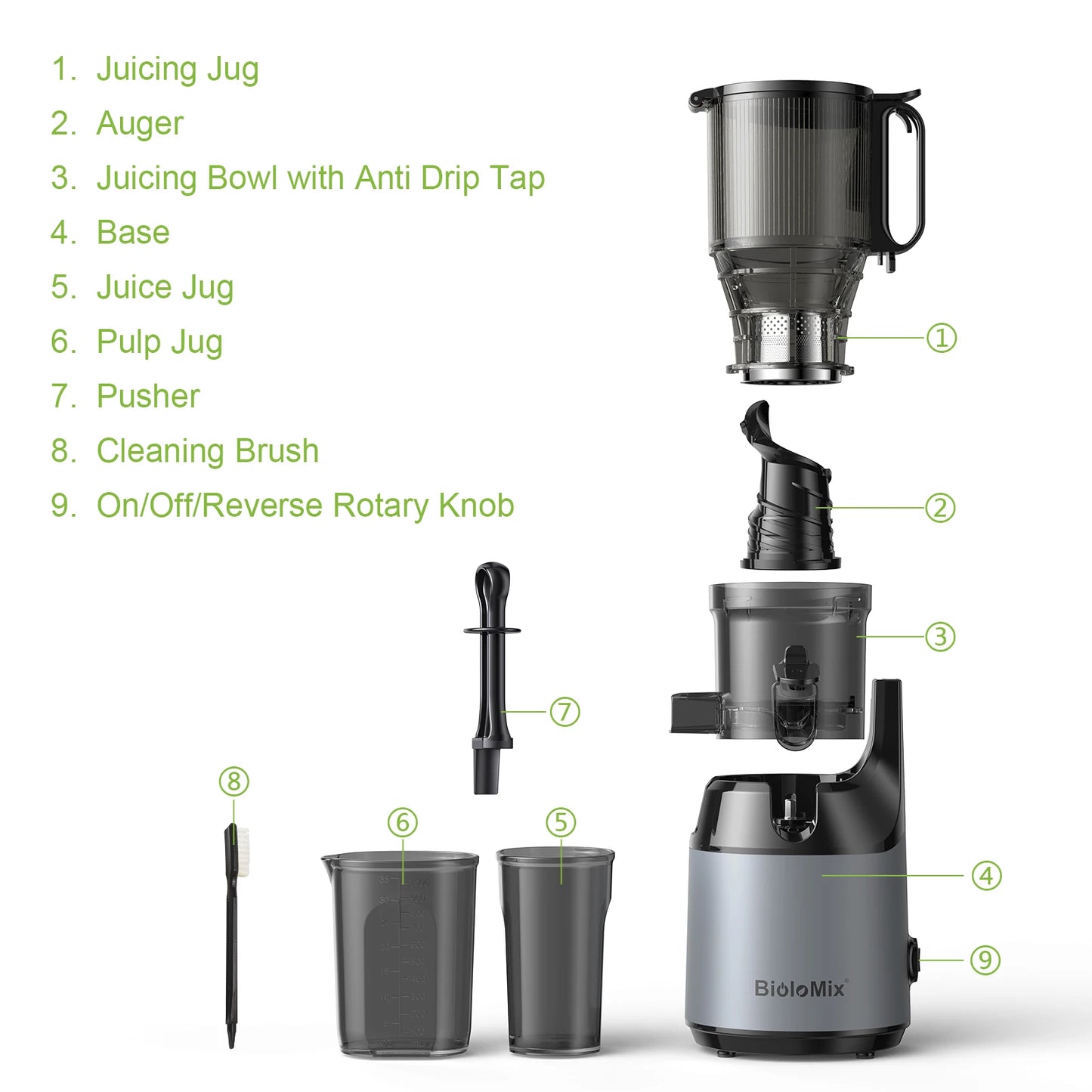 BioloMix Cold Press Juicer 130mm Chute Whole Fruit Vegetable BPA Free Slow Juicer