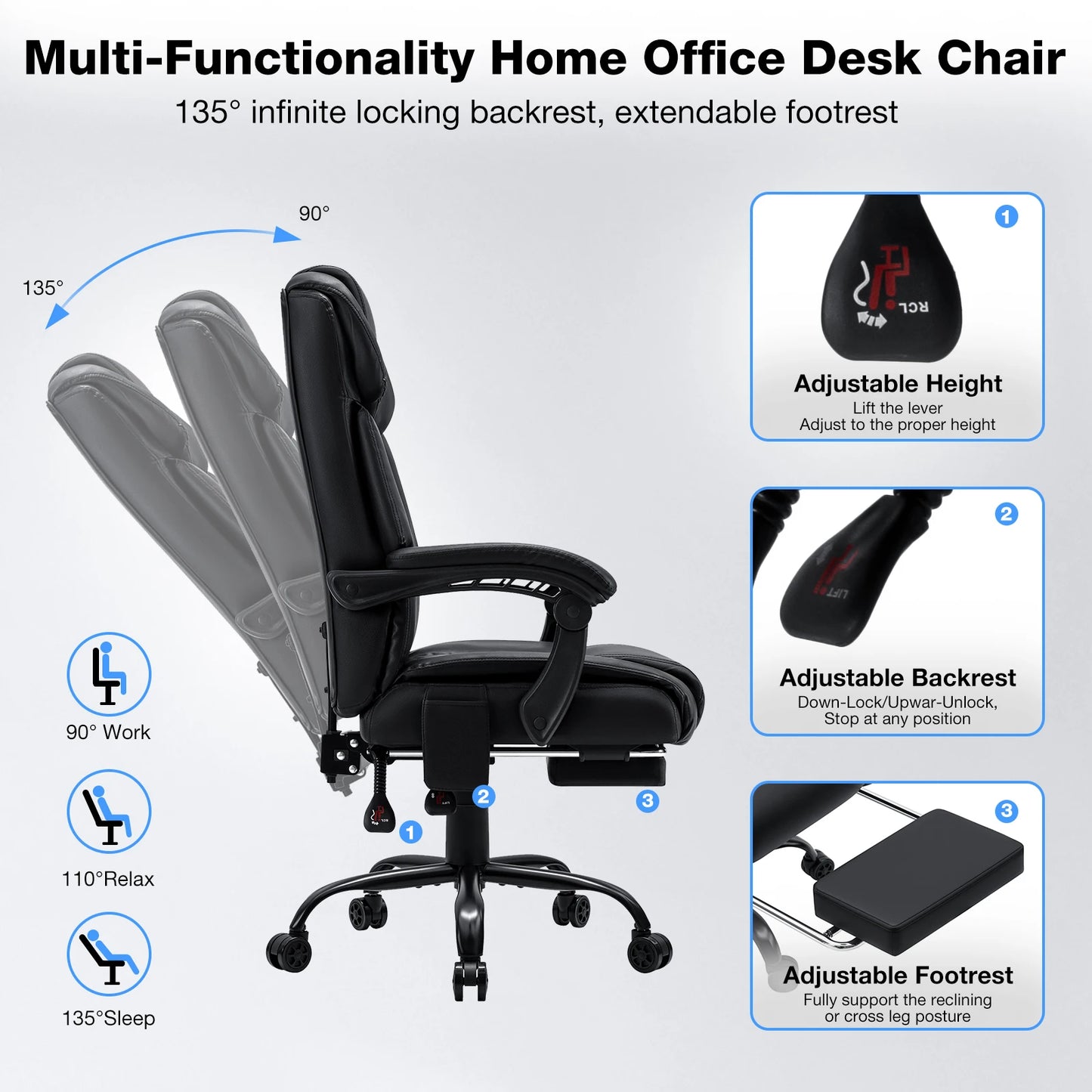 Black Massage Office Chair with Heat and Footrest Reclining