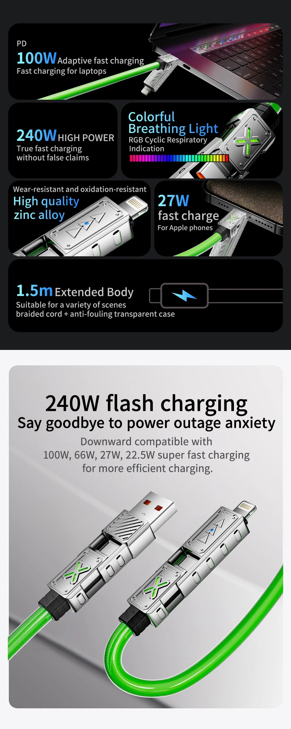 240W 4 in 1 Super Fast Charging Cable USB C to Type C Zinc Alloy for iPhone Samsung Xiaomi Multi Port Charger